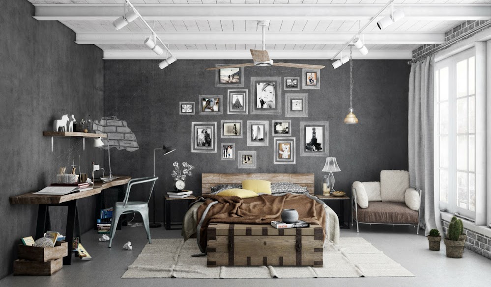 print-wall-grey-wall-industrial-style-bedroom