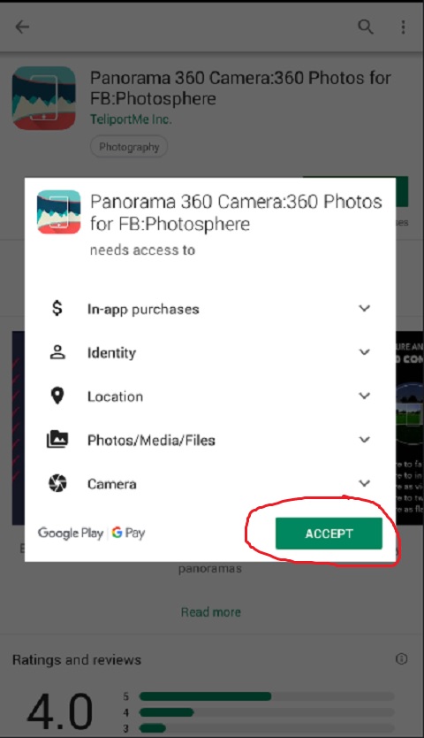 Klik Terima Aplikasi Panorama 360 Derajat Facebook