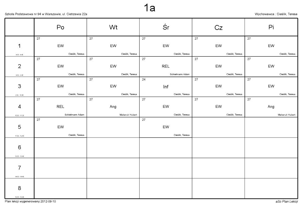 Strona klasy 1a: Plan lekcji