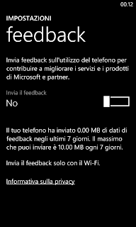 Come disattivare il feedback che vengono inviati dal mio Nokia Lumia