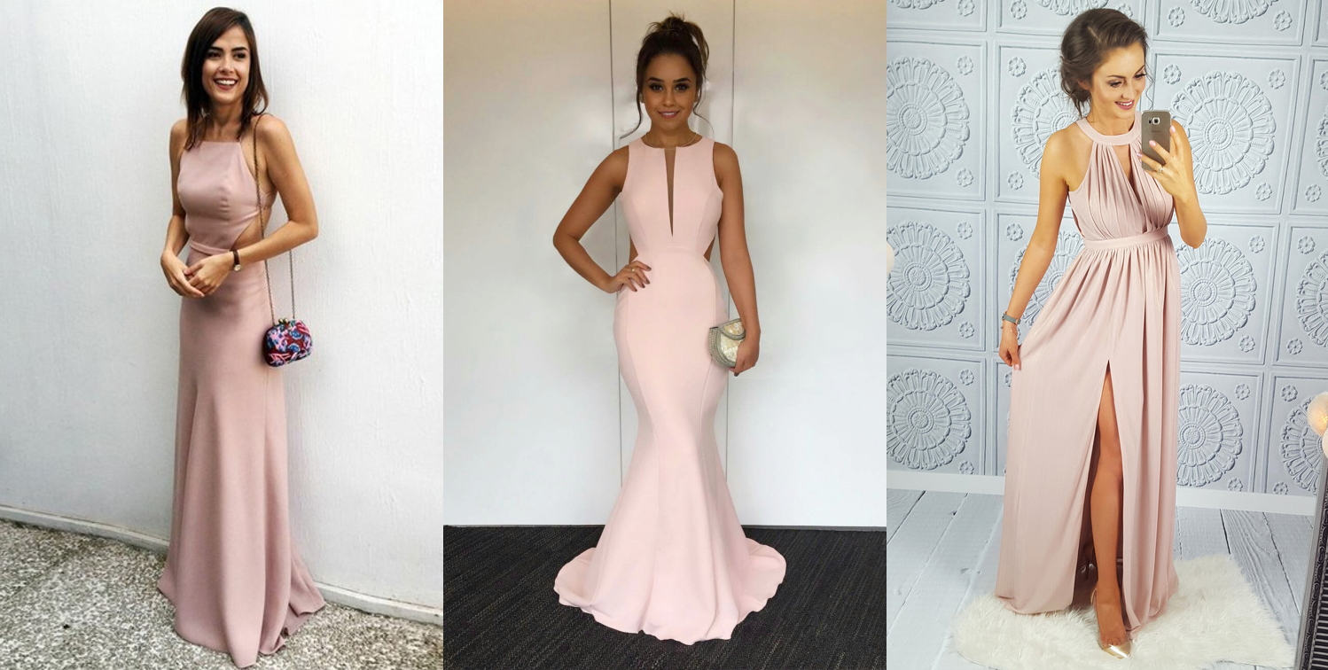 fashion collage with three blushing-pink homecoming dresses