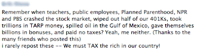 Facebook post with added words for oil in the Gulf, billions in bonuses and paid no taxes.