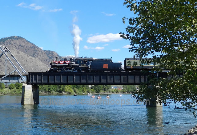 The train sits on the bridge over the river and welcomes the canoes