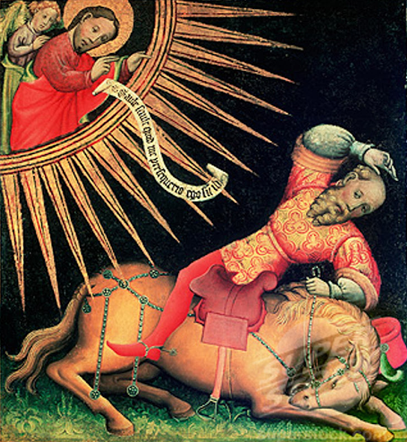 La conversion de Paul - image médiévale anonyme (le représentant sur le cheval traditionnel dont le NT ne parle pas)