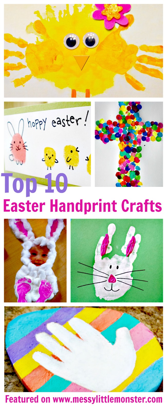 Easter handprint craft ideas for kids. A collection of 10 Easter ideas for toddlers and preschoolers including Easter bunny, chicks, Easter eggs and crosses.