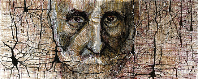 This is a portrait of Santiago Ramón y Cajal juxtaposed with Pyramidal Neurons by artist Dawn Hunter.