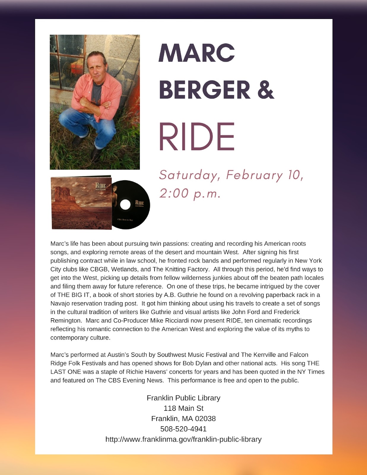 franklin matters franklin public library marc berger ride feb 10 marcs flyer