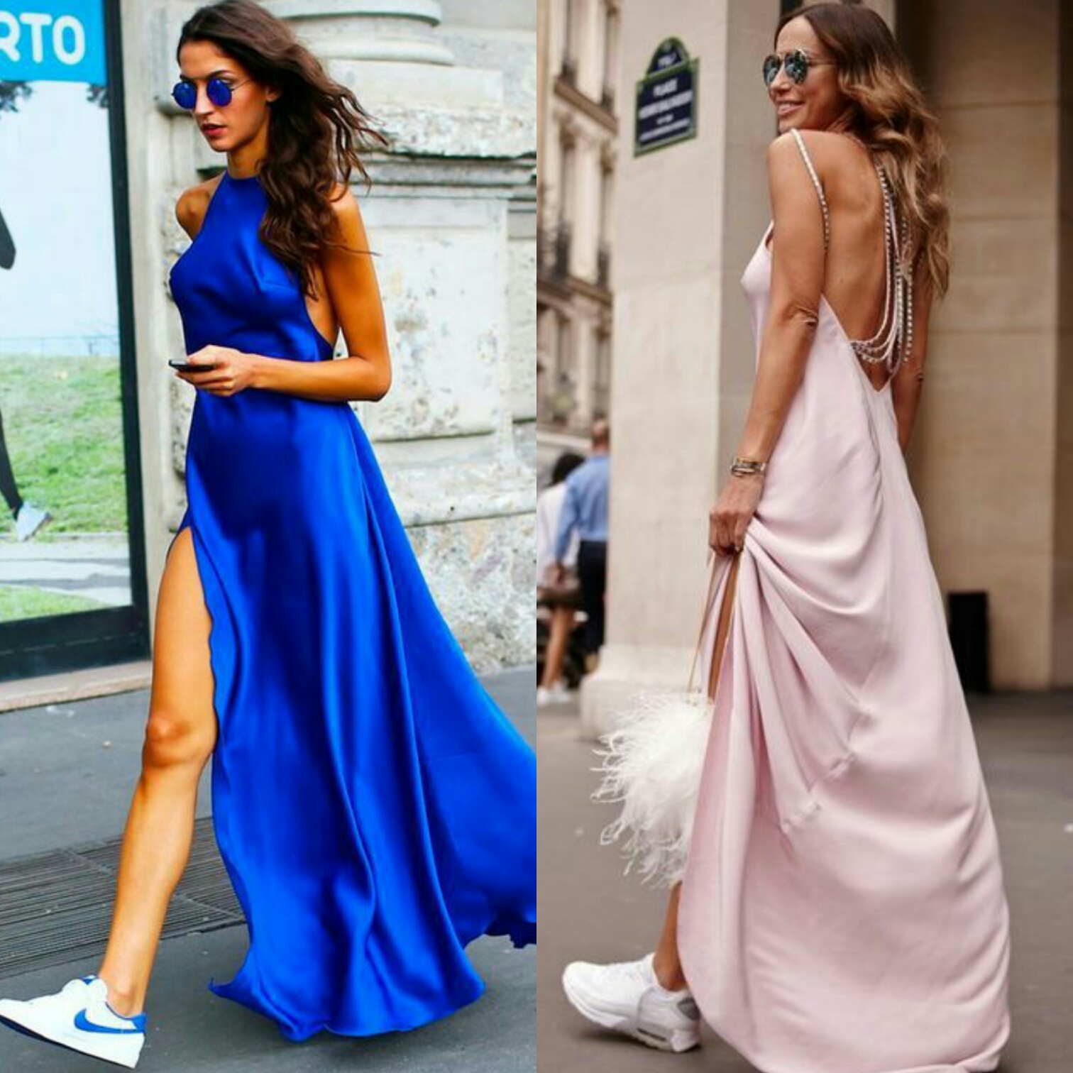 vestido de festa e tenis