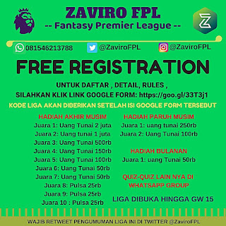 SEGERA JOIN.!!! Liga FPL 2018/2019 Berhadiah Liga Zaviro FPL