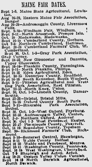 Maine Circus History: Maine Agricultural Fair Schedules for 1902