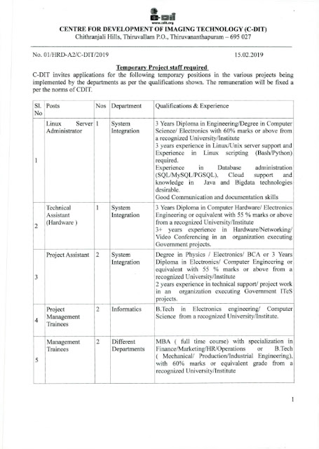 Temporary 8 posts in C-DIT, Thiruvananthapuram