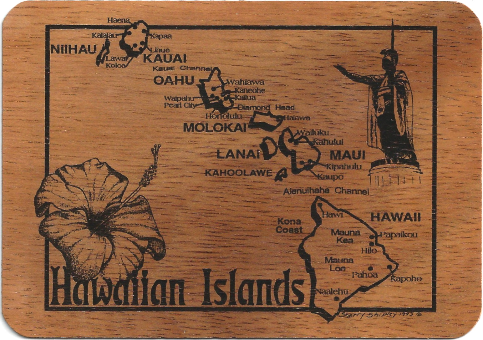 My Favorite Views Map of The Hawaiian Islands on a Koa Wood Postcard