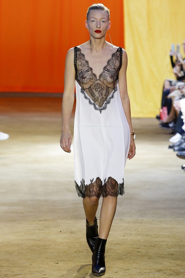 Céline 2016 SS, Maggie Maurer Céline 2016 SS Sheer Lace Slip Dress on Runway