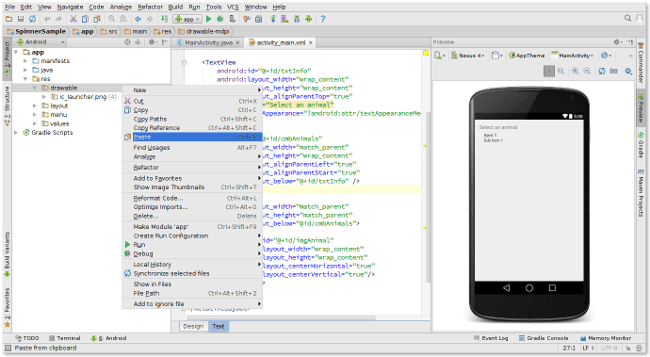 android studio spinner sample