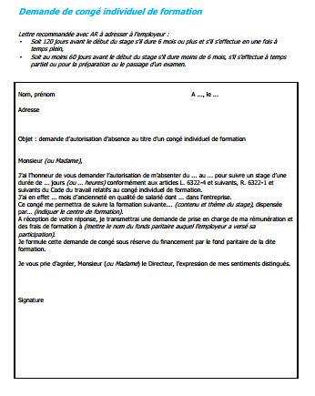 Exemple de modèle de lettre de demande de congé individuel de formation à l'employeur en format pdf