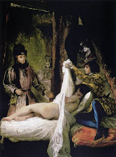 Imagen de dos hombres observando a una mujer desnuda en la cama