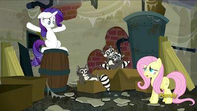 Rarity and Fluttershy with the raccoons