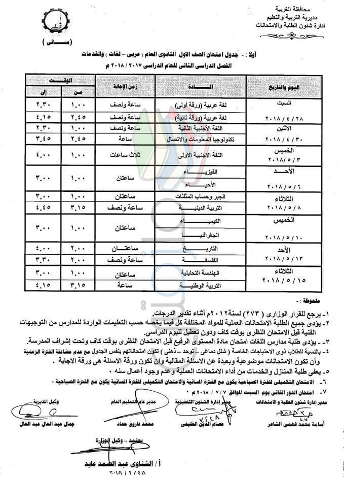 جدول امتحانات الصف الأول الثانوي 2018 الترم الثاني محافظة الغربية جدول امتحانات الصف الأول الثانوي 2018 الترم الثاني محافظة الغربية