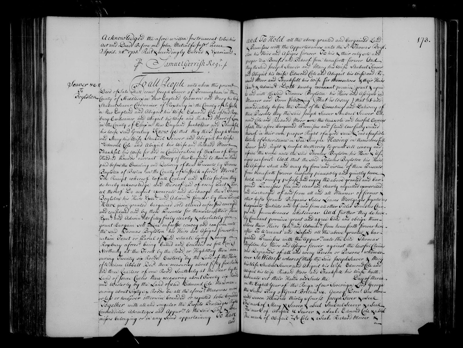 GeneaMusings Amanuensis Monday Deed Records for Joseph Seaver (1672