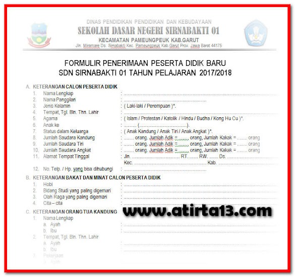 Contoh Formulir Penerimaan Siswa Gres Tahun 2017/2018 Format Words.Doc