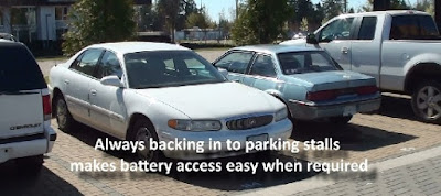 demonstration of backing up into parking stalls to make it easier to jump start vehicles