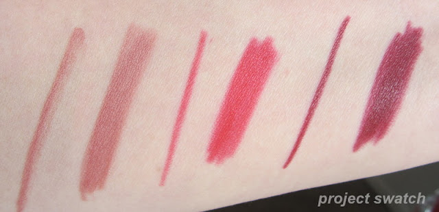 Jordana Easyliners: Tawny, Sedona Red, Plush Plum - swatches