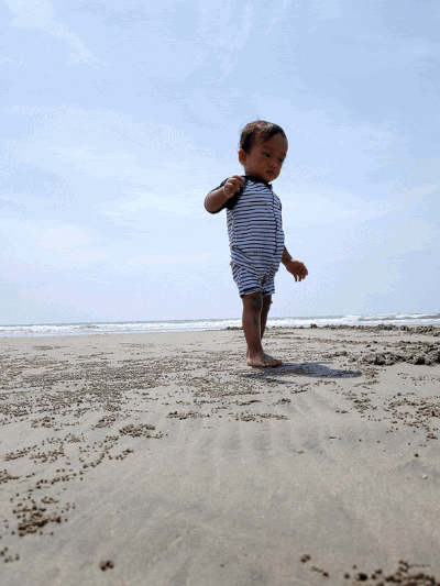 animasi Aidan sedang berjalan di atas pasir di pantai Balok. # Sunday, 30 August 2020, 11:20 # 20200830 # IMG20200830112045-ANIMATION.gif # OPPO OPPO Reno2 #