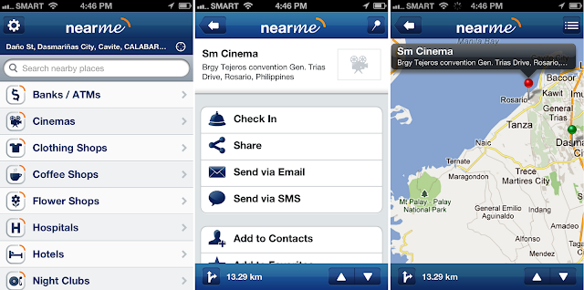NearMe iPhone app maps, search panel, and search results directory.