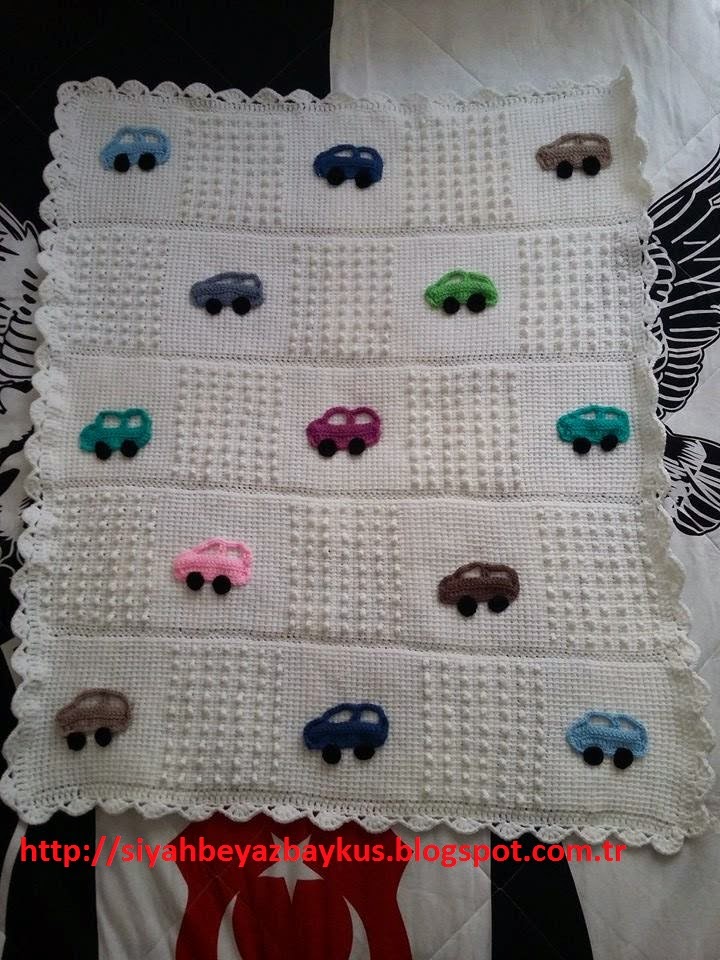 siyah beyaz baykuş.. Tunus Örgüsü Arabalı Bebek Battaniyesi