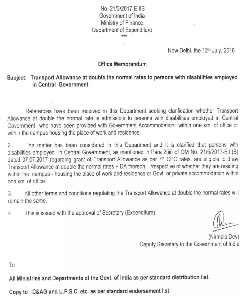 7th CPC Transport Allowance at double the normal rates to persons with disabilities: Clarification by DoE