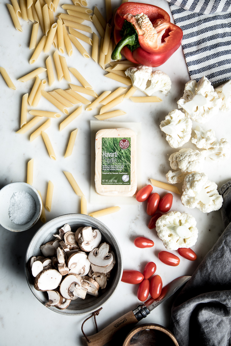 Flourishing Foodie Creamy Havarti Pasta with Mushrooms and Cauliflower