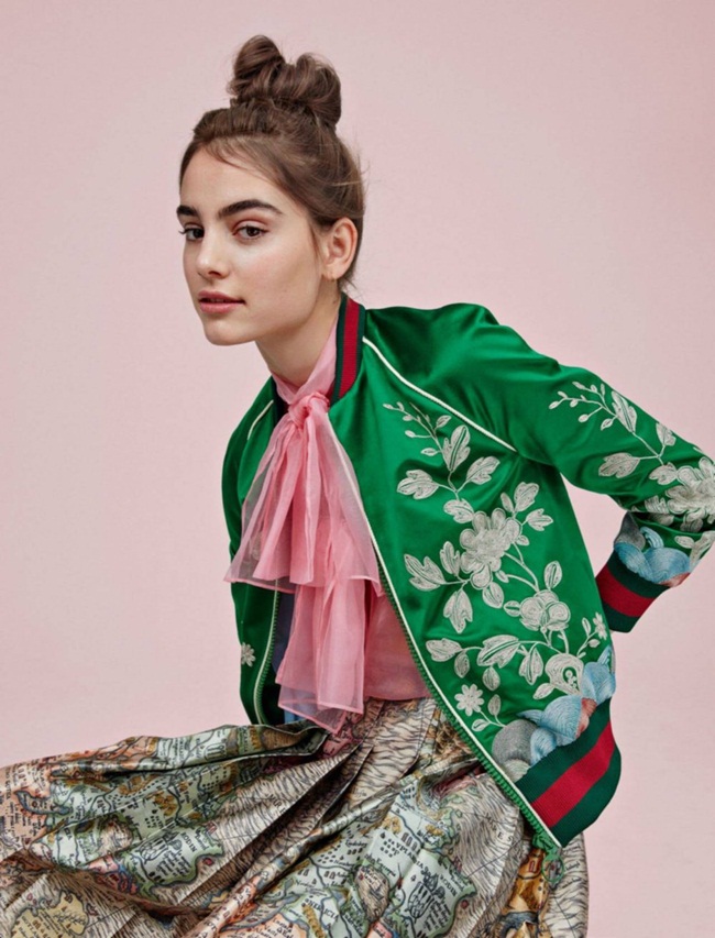 Glamour France March 2016, Romy Schönberger 2016 SS Gucci Silk Floral Embroidered Bomber Jacket Editorials