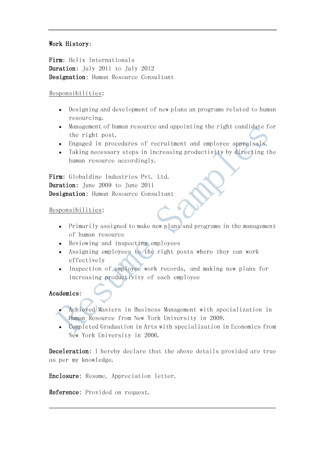 Resume Samples Human Resource Consultant Resume