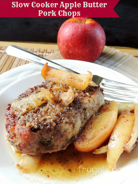 Tender pork chops are slow cooked all day with apples & spiced apple butter in these Slow Cooker Apple Butter Pork Chops- a definite meal plan must-add for fall time. #slowcooker #crockpot #applebutter #porkchops