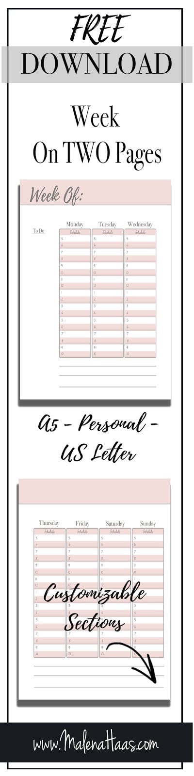  Free Download Week On Two Pages Pink and Grey in Multiple Sizes A5 GM Personal MM and US Letter for printing and inserting in your planner http://www.malenahaas.com/2018/05/freebie-friday-week-at-glance-a5-mm-gm.html