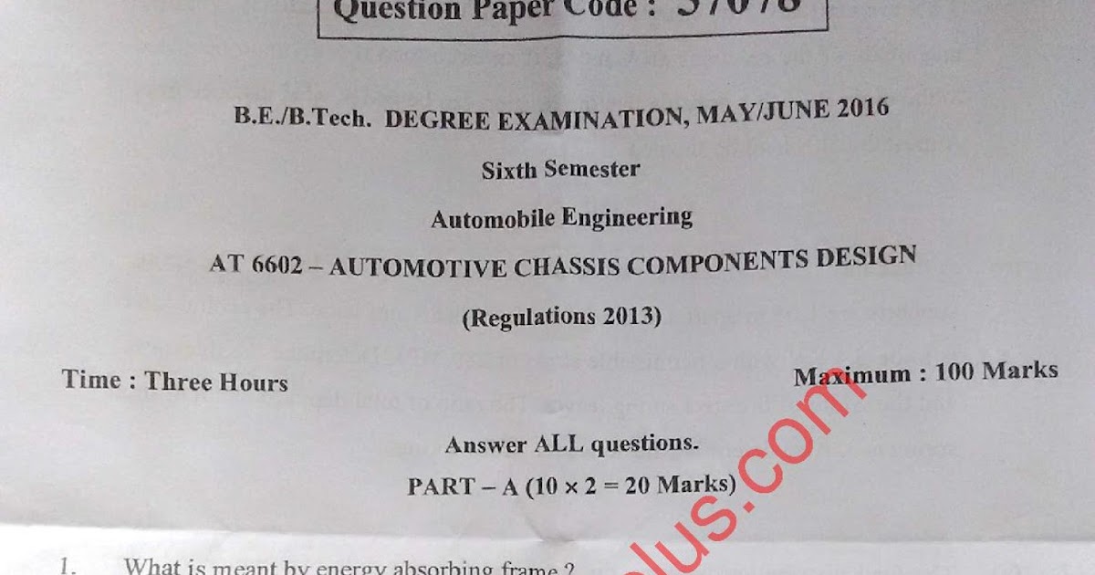 AT6602 Automotive Chassis Component Design May June 2016 Question Paper & Important Questions