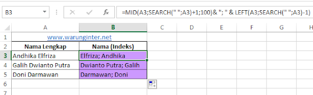 Hasil Merapikan Nama Berdasarkan Indexs pada Microsoft Excel