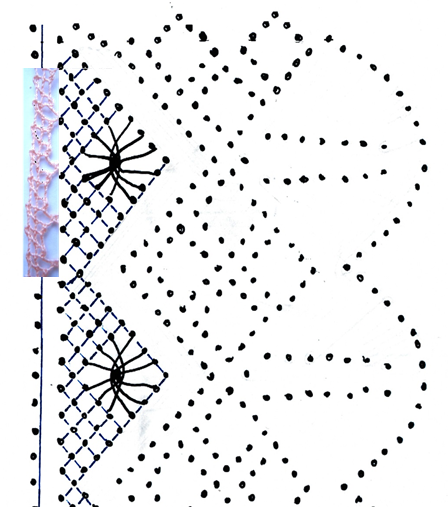 foto 3: fotomontaje pie de 3 pares de bolillos sobre esquema-picado puntilla número 1