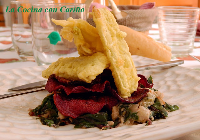 Milhojas De Tempura De Pencas De Acelgas, Revuelto Y Chips De Remolacha
