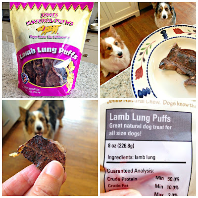 Four photos in a square of a Jones Natural Chews bag of Lamb Lung Puffs and corgis staring intently at the treats in a person's hand