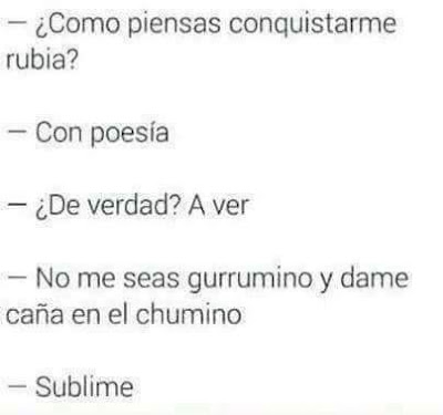 Cómo piensas conquistarme, rubia? , con poesía, de verdad, a ver ! , no me seas gurrumino y dame caña en el chumino ! , sublime Cómo piensas conquistarme, rubia? , con poesía, de verdad, a ver ! , no me seas gurrumino y dame caña en el chumino ! , sublime