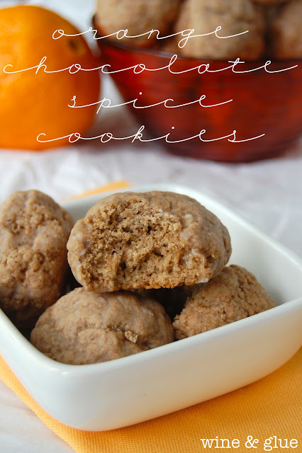 orange chocolate spice cookies in a white dish