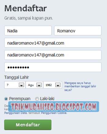 formulir pendaftaran akun baru facebook