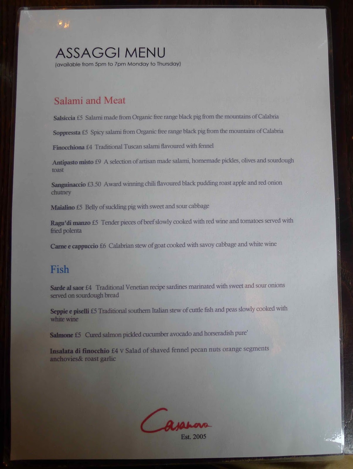 Assaggi London Restaurant Menu Assaggi London Restaurant Menu