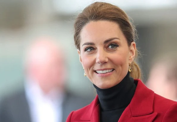 Kate Middleton wore a red Philosophy blazer and Kiki McDonough citrine pear drop earrings