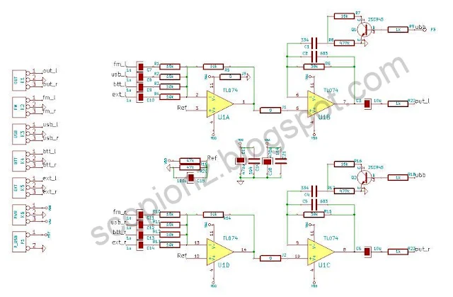 Stereo Bass Booster TL074 Schematic