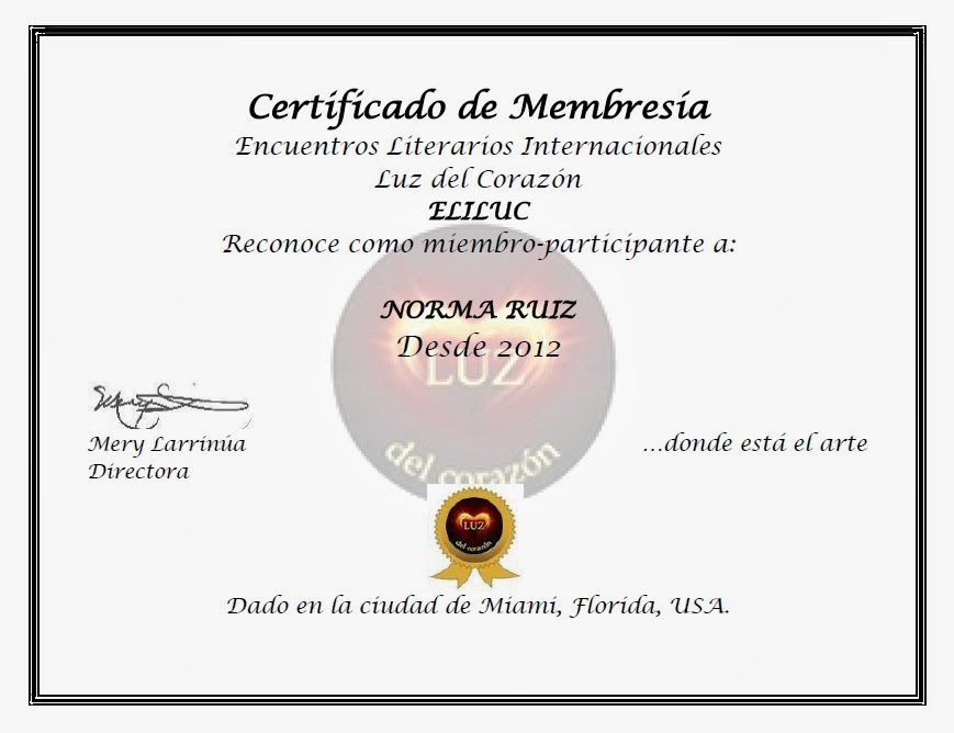 Gracias por el Certificado de Membresía-Encuentros Literarios Internacionales Luz del Corazón