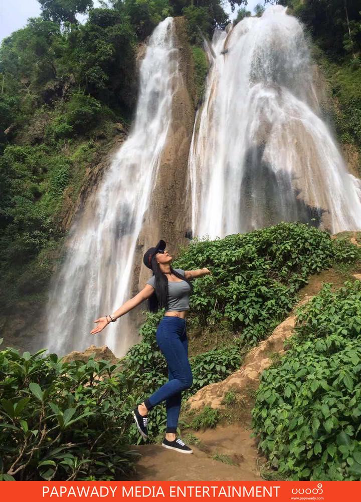 Thinzar And Waterfall : She Is Standing In Front of Watertall