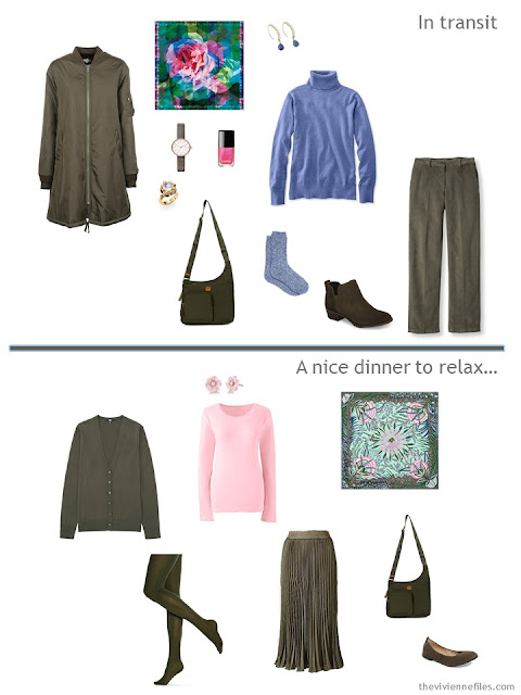 2 outfits from a travel capsule wardrobe in olive with blue, pink and green accents 2 outfits from a travel capsule wardrobe in olive with blue, pink and green accents